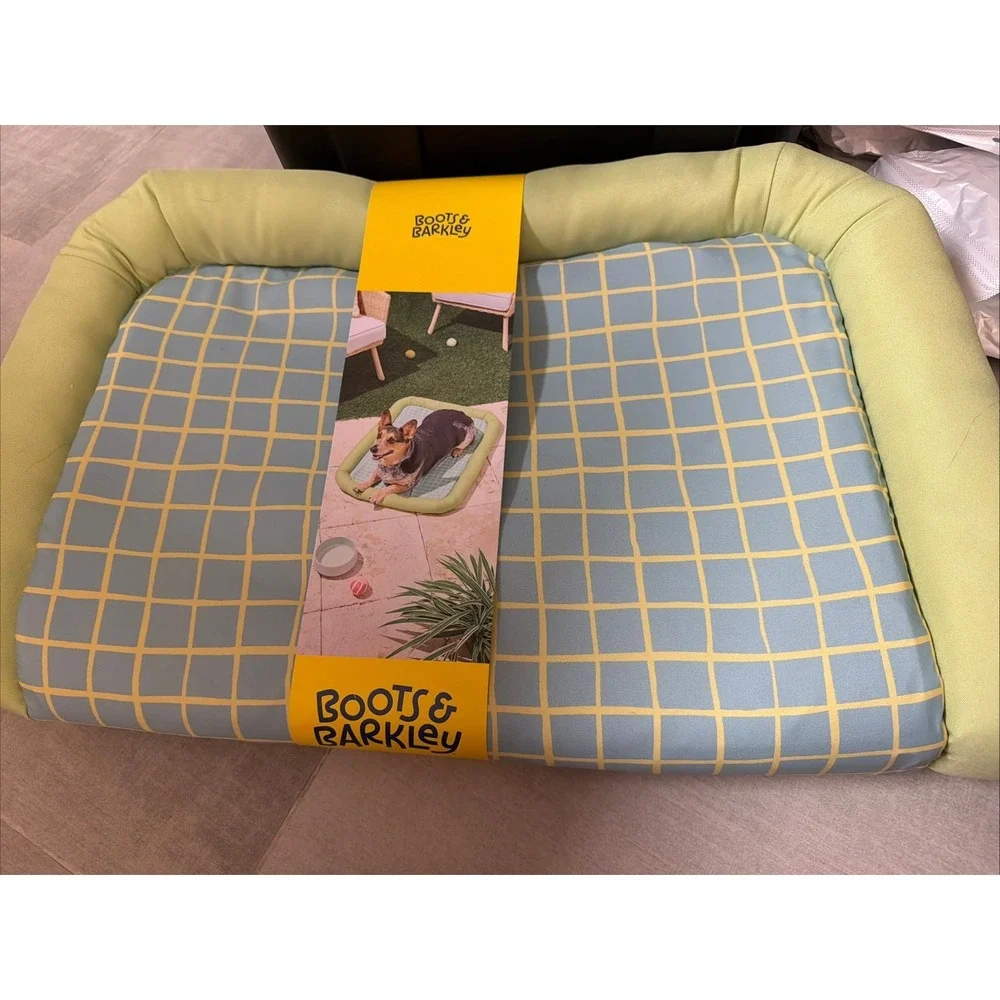 Boots and Barkley Cooling Dog Bolster Bed Green Blue Grid S/M Mat